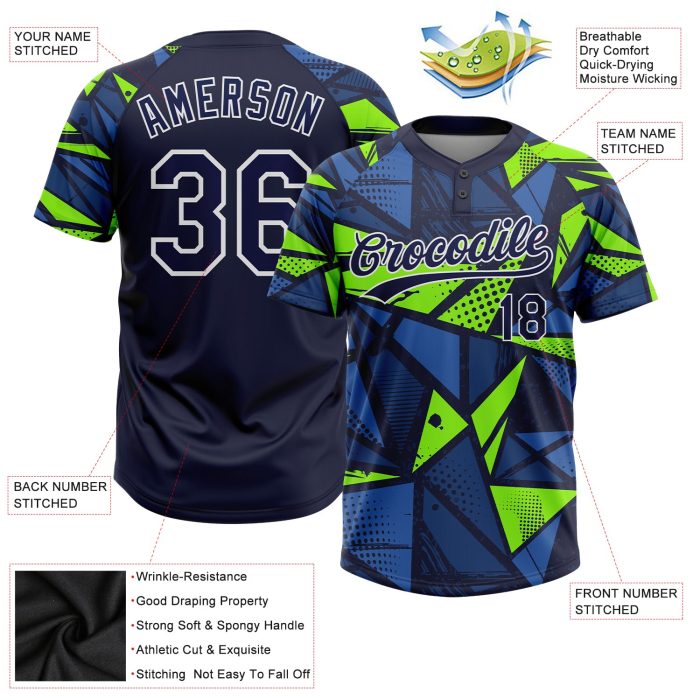 Custom Navy Neon Green Unisex Two-Button Softball Jersey for Men and Women Custom Navy Navy-Neon Green Two-Button Unisex - Image 3