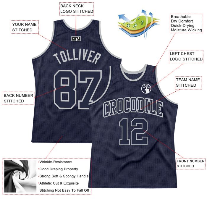 Custom Navy and Silver Gray Authentic Throwback Basketball Jersey Custom Navy Navy-Silver Gray Authentic Throwback Basketball - Image 2