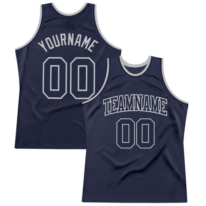 Custom Navy and Silver Gray Authentic Throwback Basketball Jersey Custom Navy Navy-Silver Gray Authentic Throwback Basketball - Image 1