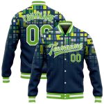 Custom Navy Green White 3D Pattern Varsity Letterman Jacket Full-Snap Bomber Custom Navy Neon Green-White 3D Pattern Design