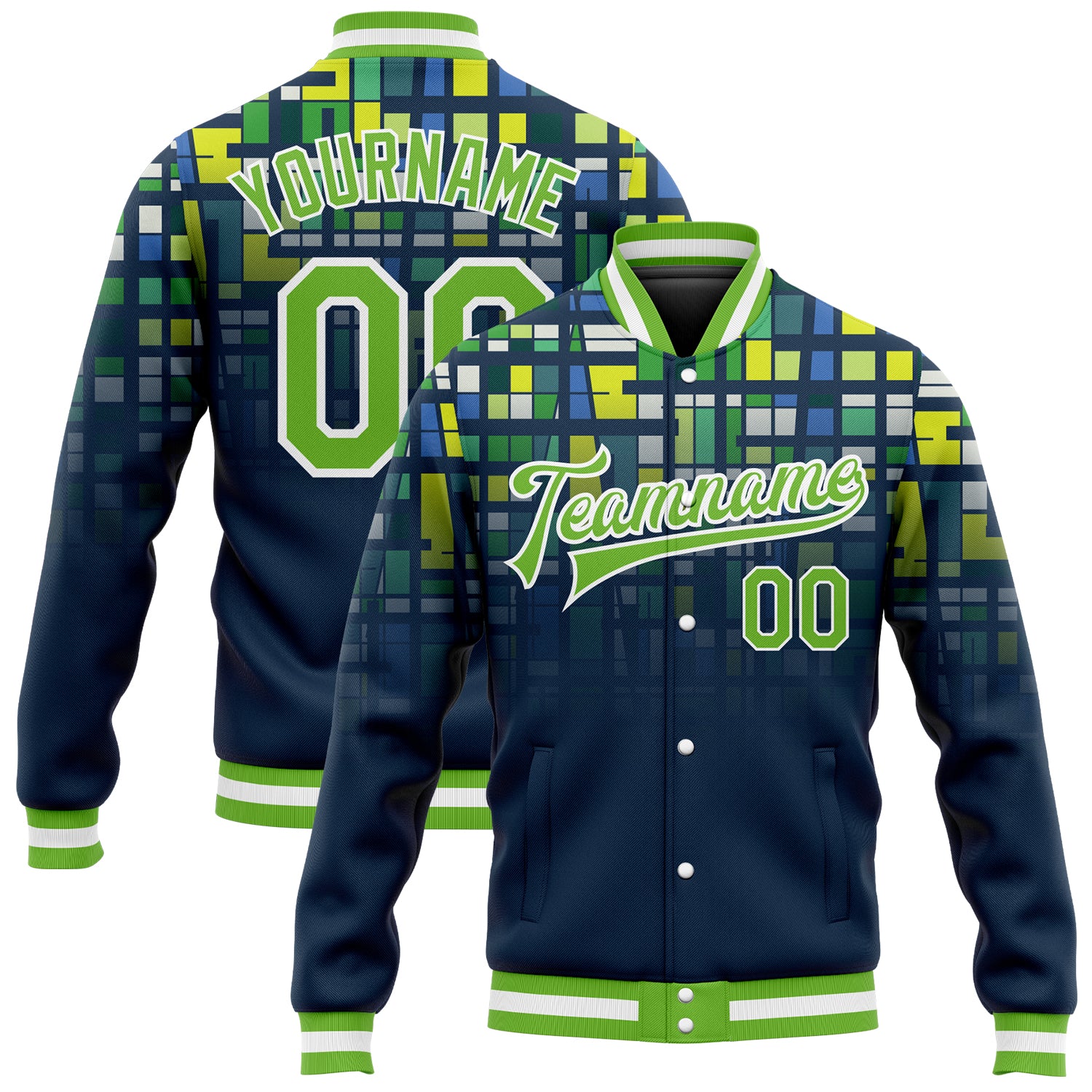 Custom Navy Green White 3D Pattern Varsity Letterman Jacket Full-Snap Bomber Custom Navy Neon Green-White 3D Pattern Design