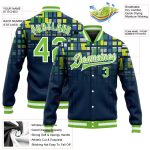 Custom Navy Green White 3D Pattern Varsity Letterman Jacket Full-Snap Bomber Custom Navy Neon Green-White 3D Pattern Design - Image 3