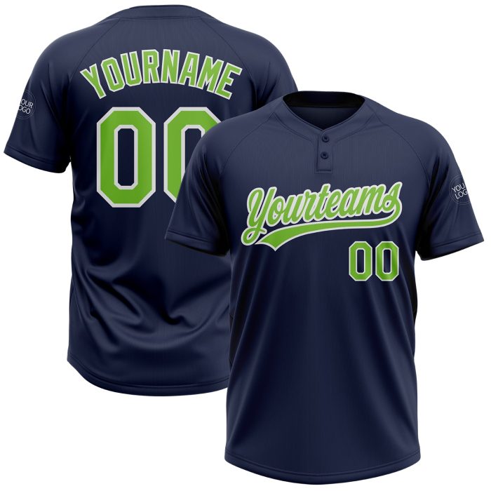 Custom Neon Green-White Two-Button Unisex Softball Jersey in Navy Custom Navy Neon Green-White Two-Button Unisex Softball - Image 1