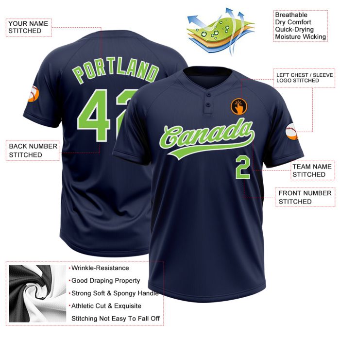 Custom Neon Green-White Two-Button Unisex Softball Jersey in Navy Custom Navy Neon Green-White Two-Button Unisex Softball - Image 3