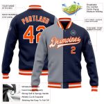 Custom Navy Orange Gray Varsity Letterman Bomber Jacket Full-Snap Fashion Outerwear Custom Navy Orange-Gray Bomber Full-Snap - Image 3