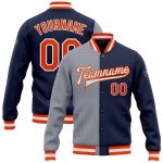 Custom Navy Orange Gray Varsity Letterman Bomber Jacket Full-Snap Fashion Outerwear Custom Navy Orange-Gray Bomber Full-Snap