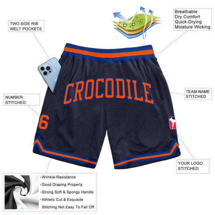 Navy Orange-Royal Custom Authentic Basketball Shorts | Throwback Style Custom Navy Orange-Royal Authentic Throwback Basketball - Image 2