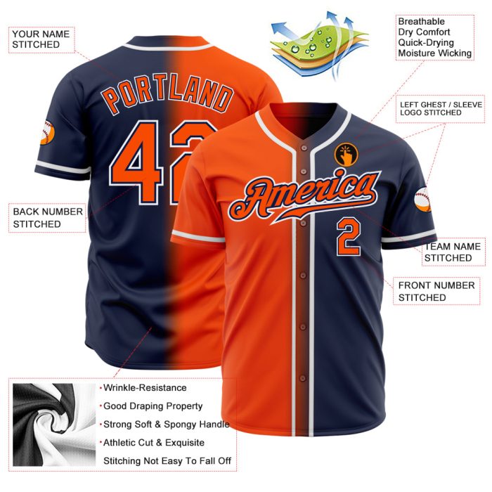 Navy Orange White Custom Fade Fashion Baseball Jersey - Authentic Design Custom Navy Orange-White Authentic Fade Fashion - Image 2