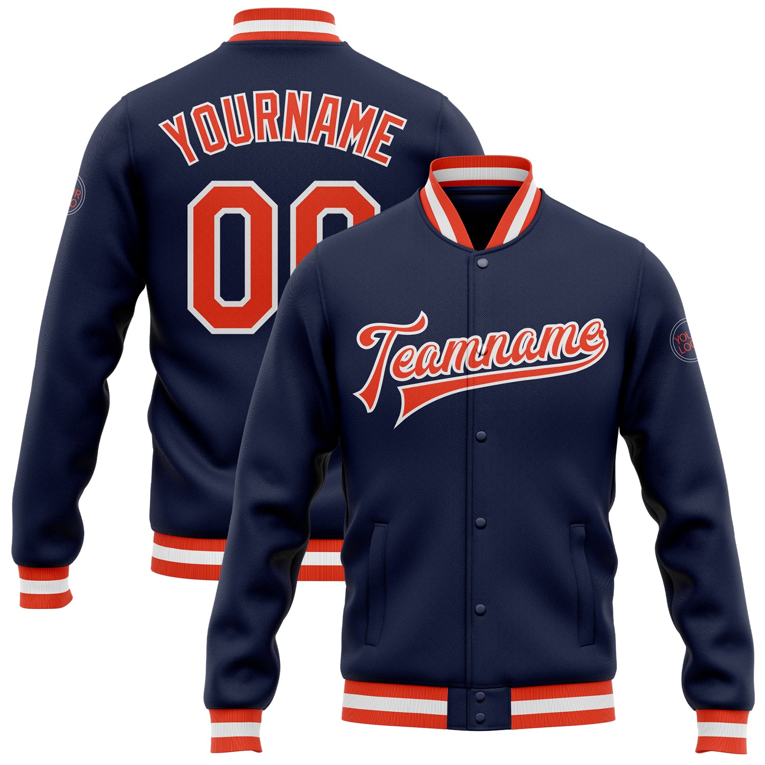 Custom Navy Orange White Varsity Letterman Bomber Jacket Full-Snap Custom Navy Orange-White Bomber Full-Snap Varsity Letterman