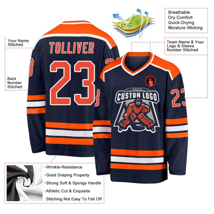 Navy Orange White Custom Hockey Jersey for Team Sports and Fans Custom Navy Orange-White Hockey Jersey - Image 3