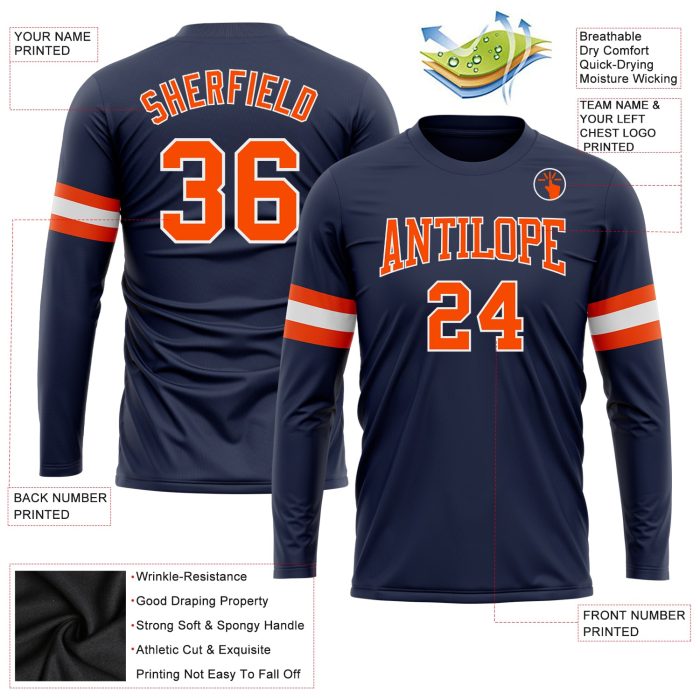 Navy Orange White Long Sleeve Performance Shirt | Custom Salute To Service T-Shirt Custom Navy Orange-White Long Sleeve Performance - Image 3