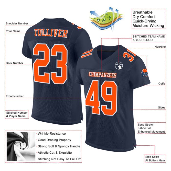 Custom Navy Orange White Football Jersey - Authentic Mesh Design Custom Navy Orange-White Mesh Authentic Football Jersey - Image 2