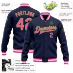Custom Navy Pink Neon Green Varsity Letterman Bomber Full-Snap Jacket Custom Navy Pink-Neon Green Bomber Full-Snap Varsity - Image 3