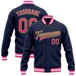 Custom Navy Pink Neon Green Varsity Letterman Bomber Full-Snap Jacket Custom Navy Pink-Neon Green Bomber Full-Snap Varsity