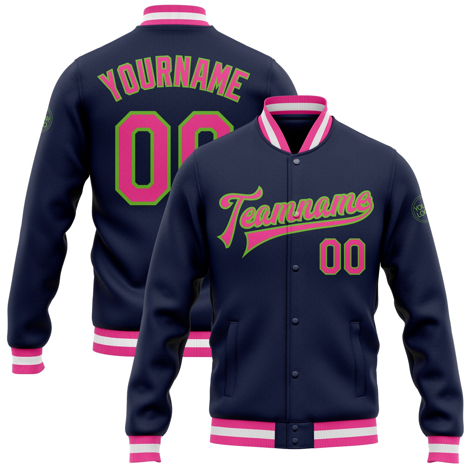 Custom Navy Pink Neon Green Varsity Letterman Bomber Full-Snap Jacket Custom Navy Pink-Neon Green Bomber Full-Snap Varsity