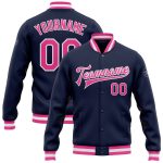 Navy Pink White Custom Bomber Varsity Jacket Full-Snap Letterman Style Custom Navy Pink-White Bomber Full-Snap Varsity Letterman