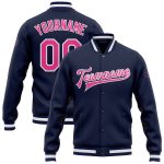 Navy Pink White Varsity Letterman Jacket Custom Full-Snap Bomber Style 6380 Custom Navy Pink-White Bomber Full-Snap Varsity
