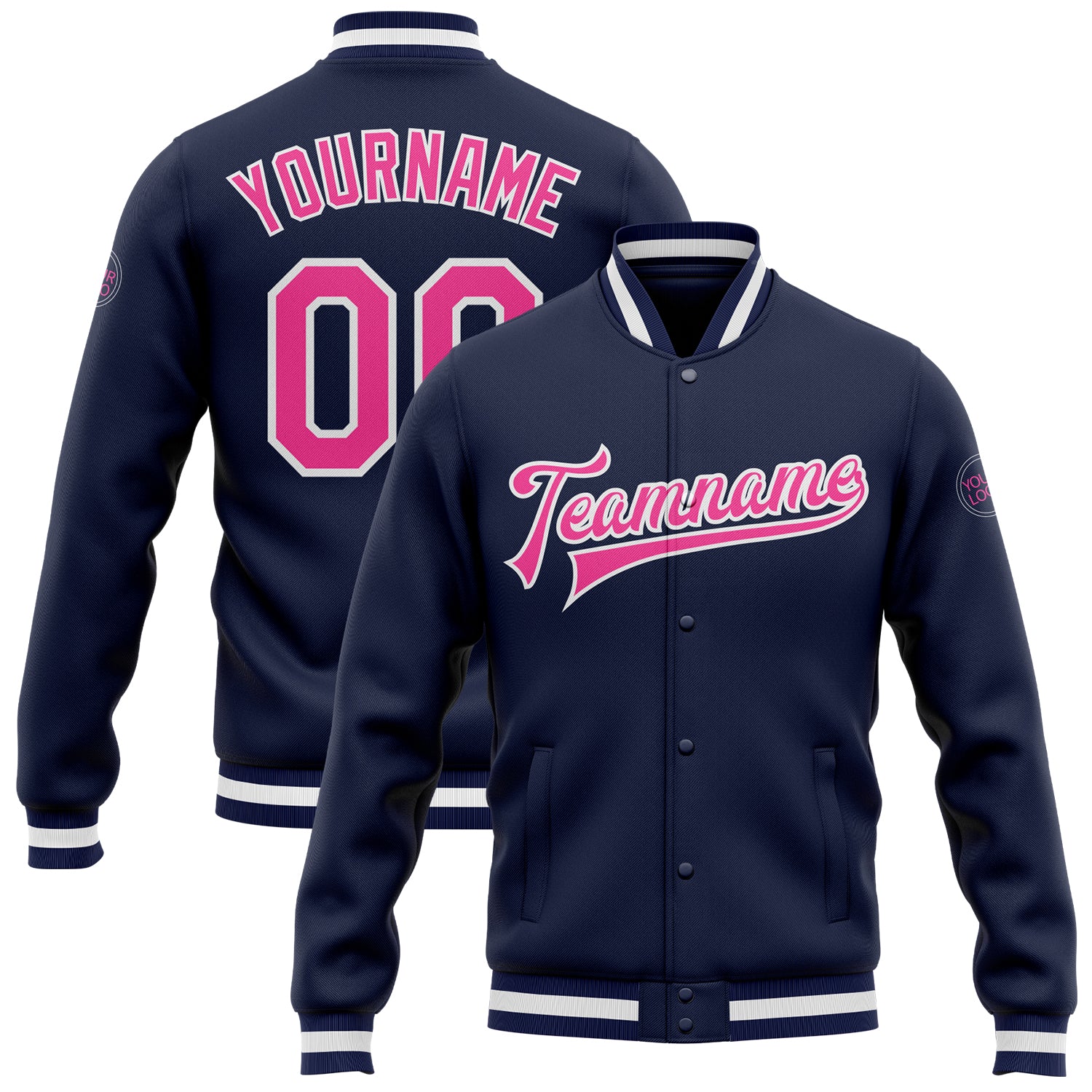 Navy Pink White Varsity Letterman Jacket Custom Full-Snap Bomber Style 6380 Custom Navy Pink-White Bomber Full-Snap Varsity