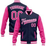 Navy Pink White Two Tone Varsity Letterman Bomber Jacket Full-Snap Custom Custom Navy Pink-White Bomber Full-Snap Varsity