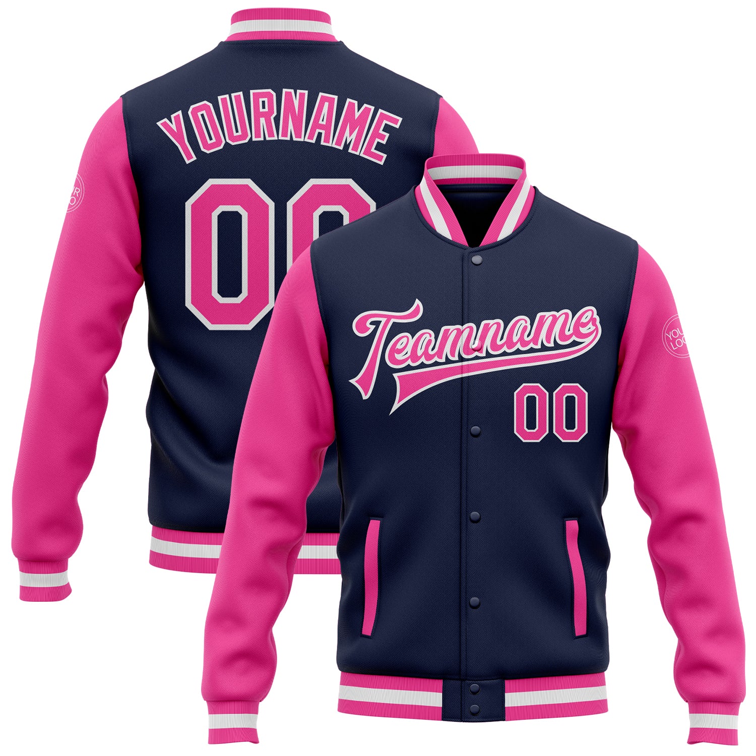 Navy Pink White Two Tone Varsity Letterman Bomber Jacket Full-Snap Custom Custom Navy Pink-White Bomber Full-Snap Varsity