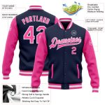 Navy Pink White Two Tone Varsity Letterman Bomber Jacket Full-Snap Custom Custom Navy Pink-White Bomber Full-Snap Varsity - Image 3