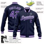 Navy Purple White Custom Varsity Letterman Bomber Jacket Full-Snap Custom Navy Purple-White Bomber Full-Snap Varsity Letterman - Image 3