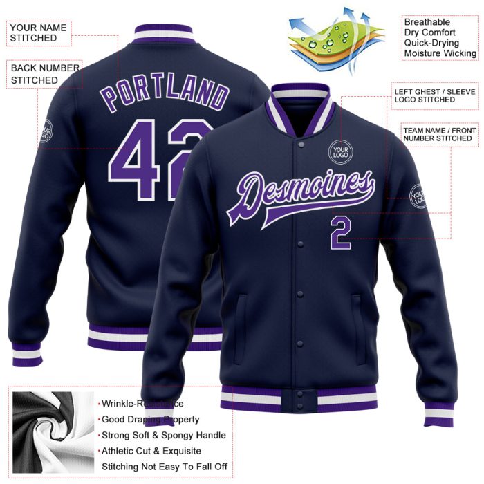 Navy Purple White Custom Varsity Letterman Bomber Jacket Full-Snap Custom Navy Purple-White Bomber Full-Snap Varsity Letterman - Image 3