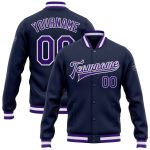 Navy Purple White Custom Varsity Letterman Bomber Jacket Full-Snap Custom Navy Purple-White Bomber Full-Snap Varsity Letterman