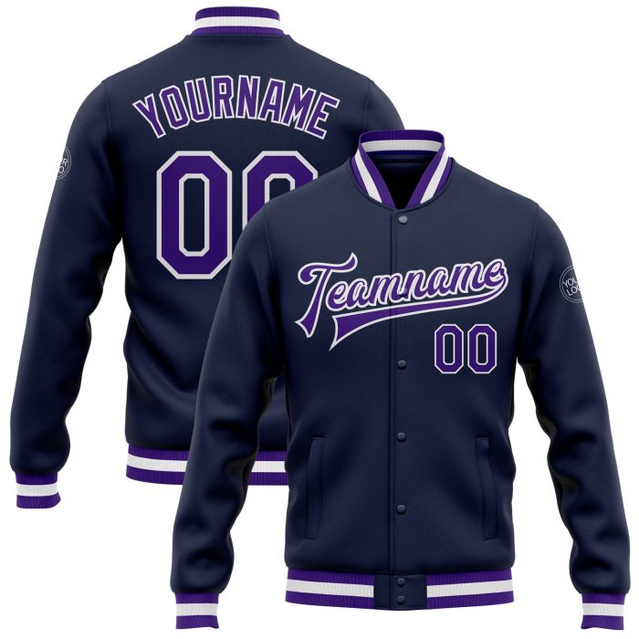Navy Purple White Custom Varsity Letterman Bomber Jacket Full-Snap Custom Navy Purple-White Bomber Full-Snap Varsity Letterman - Image 1