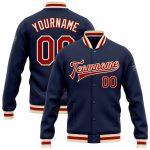 Custom Navy Red Cream Varsity Letterman Jacket Full-Snap Bomber for Men Custom Navy Red-Cream Bomber Full-Snap Varsity Letterman