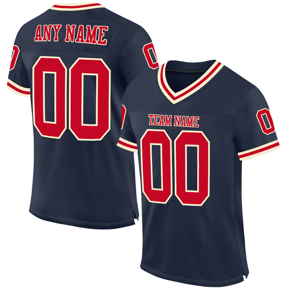 Custom Navy Red Cream Mesh Football Jersey - Authentic Throwback Style Custom Navy Red-Cream Mesh Authentic Throwback Football