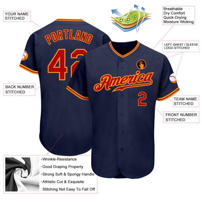 Custom Navy Red Gold Baseball Jersey - Authentic Design for Fans and Players Custom Navy Red-Gold Authentic Baseball Jersey - Image 3