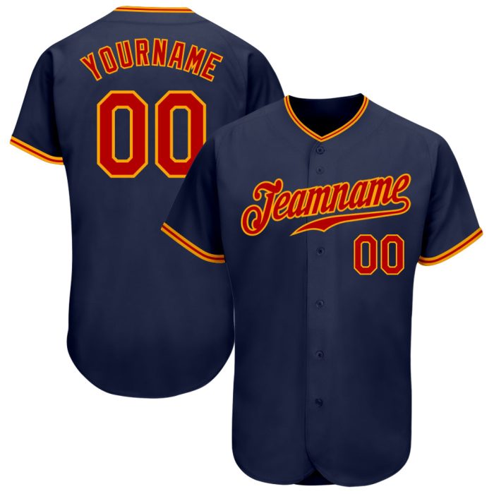 Custom Navy Red Gold Baseball Jersey - Authentic Design for Fans and Players Custom Navy Red-Gold Authentic Baseball Jersey - Image 1
