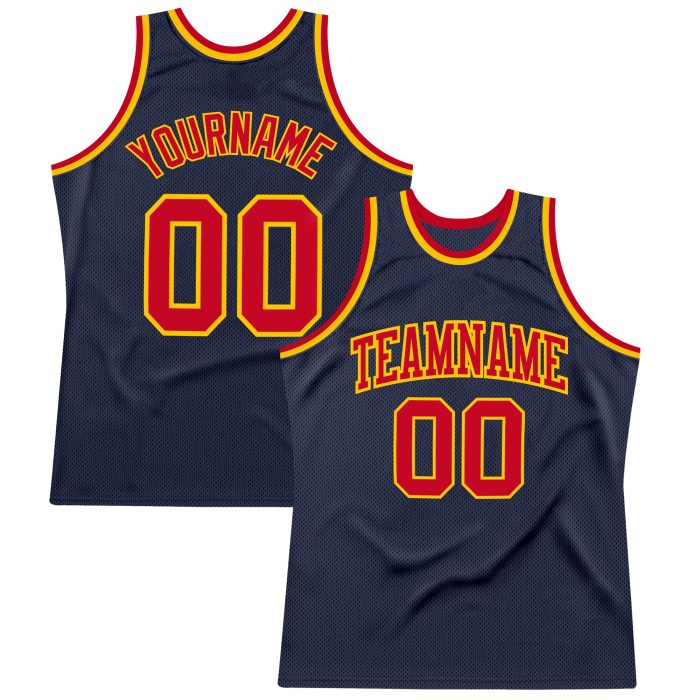 Custom Authentic Throwback Basketball Jersey - Navy Red Gold Design Custom Navy Red-Gold Authentic Throwback Basketball Jersey - Image 1