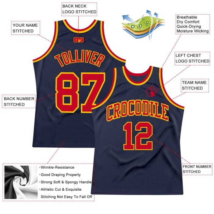 Custom Authentic Throwback Basketball Jersey - Navy Red Gold Design Custom Navy Red-Gold Authentic Throwback Basketball Jersey - Image 2