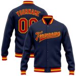 Custom Navy Red Gold Varsity Letterman Bomber Jacket Full-Snap Design Custom Navy Red-Gold Bomber Full-Snap Varsity Letterman