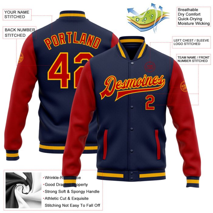 Navy Red Gold Two Tone Bomber Jacket Custom Full-Snap Varsity Letterman Custom Navy Red-Gold Bomber Full-Snap Varsity Letterman - Image 3