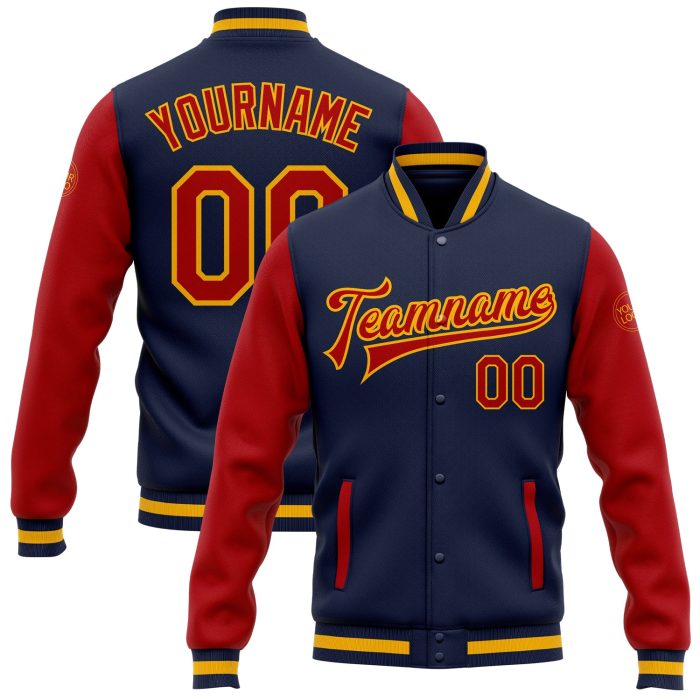 Navy Red Gold Two Tone Bomber Jacket Custom Full-Snap Varsity Letterman Custom Navy Red-Gold Bomber Full-Snap Varsity Letterman - Image 1