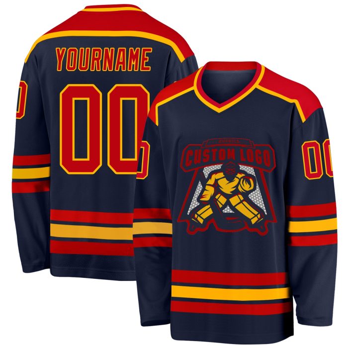 Custom Navy Red Gold Hockey Jersey for Men Women Personalized Team Apparel Custom Navy Red-Gold Hockey Jersey - Image 1