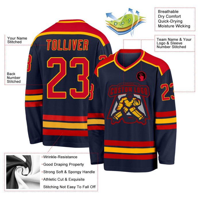 Custom Navy Red Gold Hockey Jersey for Men Women Personalized Team Apparel Custom Navy Red-Gold Hockey Jersey - Image 3