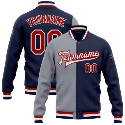 Custom Navy Red Gray Bomber Jacket Full-Snap Varsity Letterman Fashion Outerwear Custom Navy Red-Gray Bomber Full-Snap Varsity