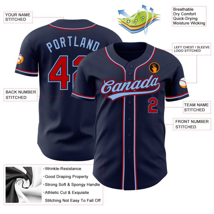 Custom Authentic Baseball Jersey in Navy and Red-Light Blue Colors Custom Navy Red-Light Blue Authentic Baseball Jersey - Image 3
