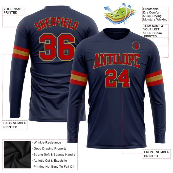 Custom Salute To Service Performance T-Shirt - Navy Red Old Gold Long Sleeve Custom Navy Red-Old Gold Long Sleeve Performance - Image 3