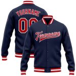 Custom Navy Red White Varsity Letterman Bomber Jacket Full-Snap Style Custom Navy Red-White Bomber Full-Snap Varsity Letterman