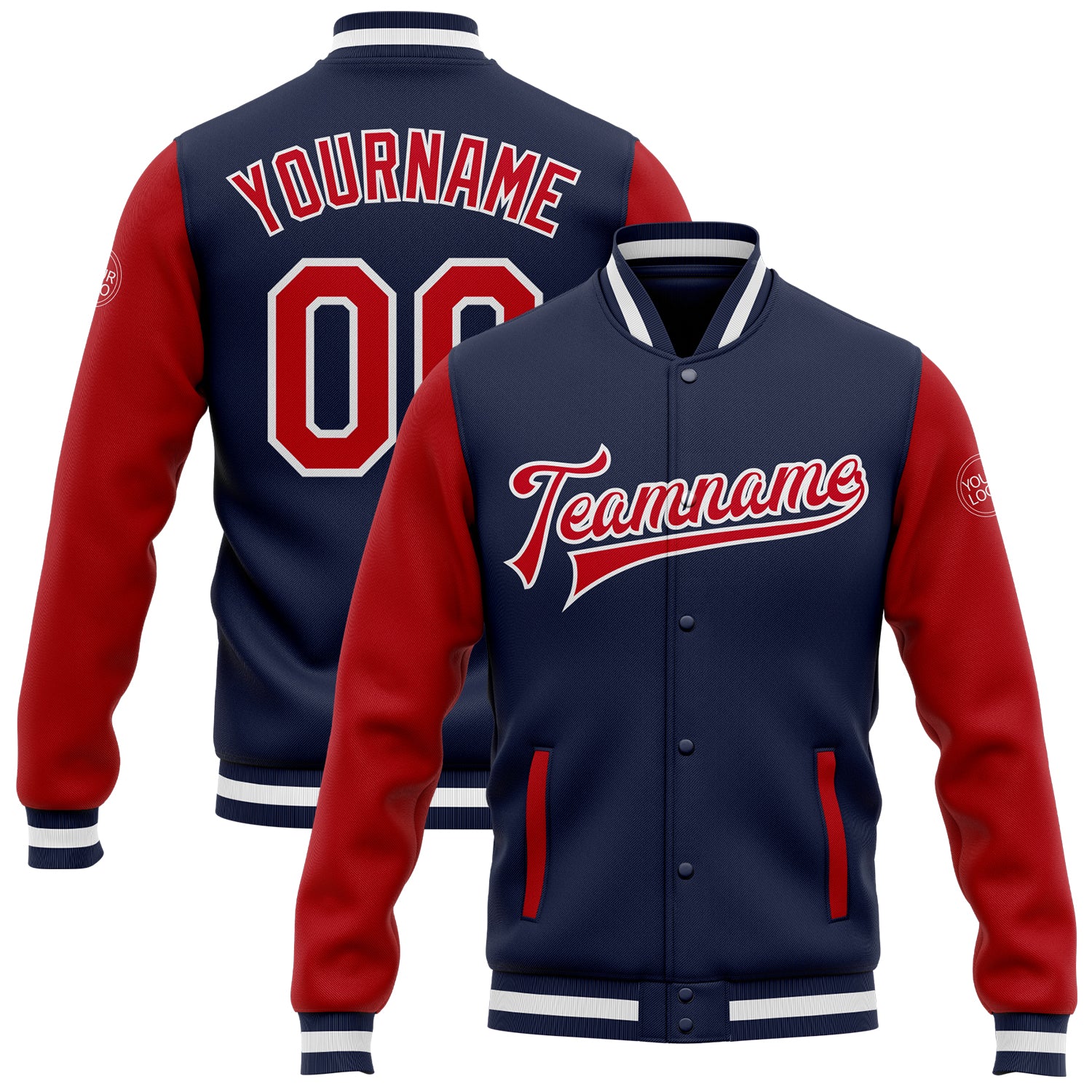 Custom Navy Red White Two Tone Varsity Letterman Bomber Jacket Full-Snap Custom Navy Red-White Bomber Full-Snap Varsity Letterman