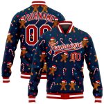 Custom Christmas 3D Bomber Varsity Letterman Jacket in Navy Red-White Custom Navy Red-White Christmas 3D Bomber Full-Snap