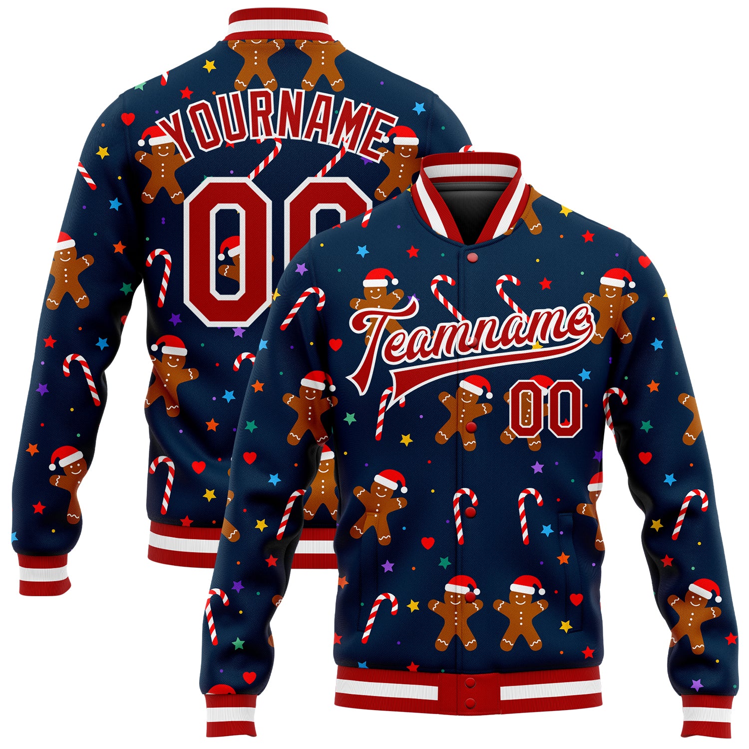 Custom Christmas 3D Bomber Varsity Letterman Jacket in Navy Red-White Custom Navy Red-White Christmas 3D Bomber Full-Snap
