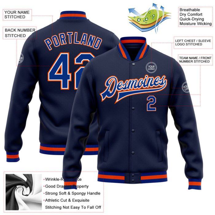 Navy Royal Orange Bomber Varsity Letterman Jacket Custom Full-Snap Design Custom Navy Royal-Orange Bomber Full-Snap Varsity - Image 3