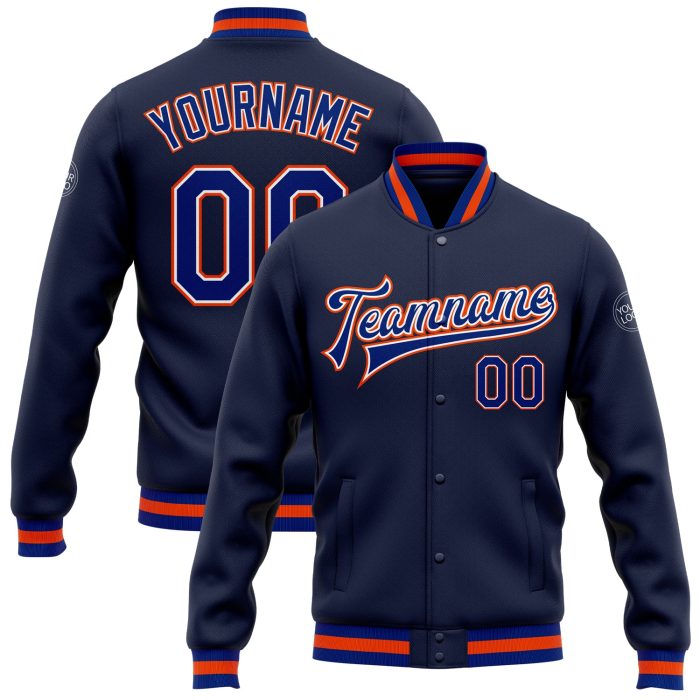 Navy Royal Orange Bomber Varsity Letterman Jacket Custom Full-Snap Design Custom Navy Royal-Orange Bomber Full-Snap Varsity - Image 1