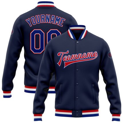 Navy Royal-Red Custom Bomber Varsity Letterman Jacket Full-Snap Design Custom Navy Royal-Red Bomber Full-Snap Varsity Letterman